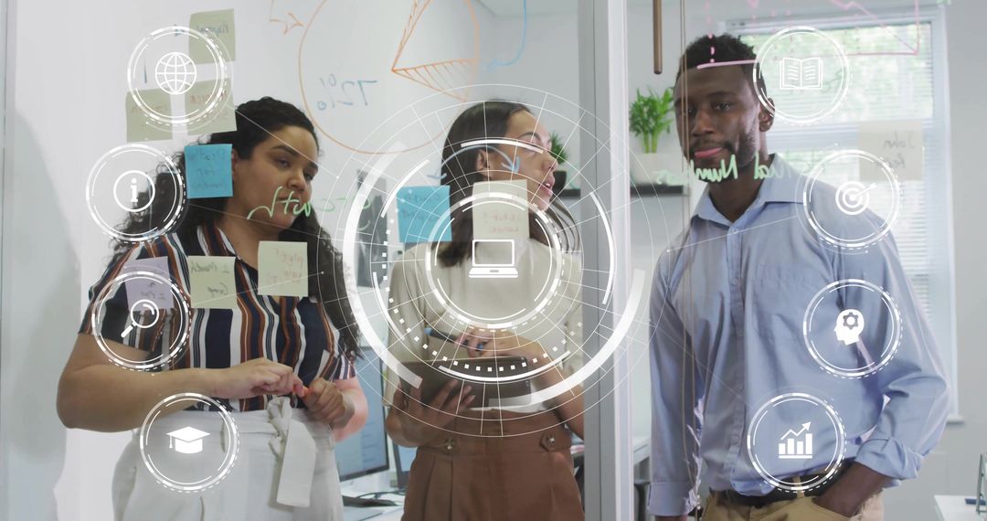 Diverse Team Brainstorming on Glass Wall with Sticky Notes and Futuristic HUD Interface