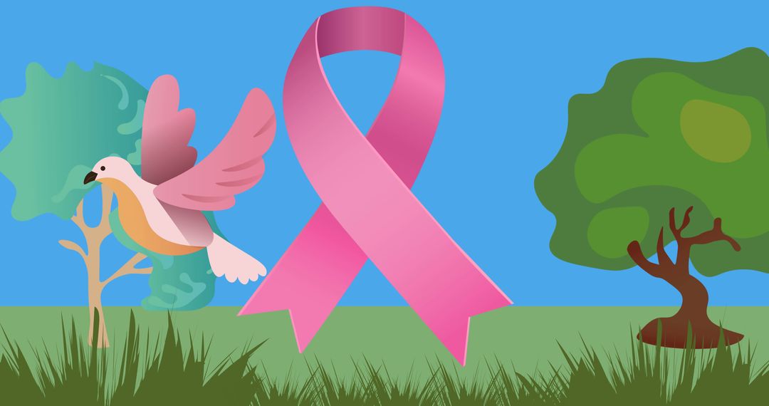 Pink Ribbon Breast Cancer Awareness with Bird and Trees Illustration - Free Images, Stock Photos and Pictures on Pikwizard.com