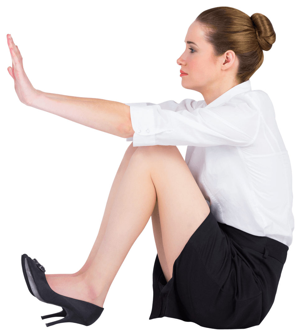 Transparent Young Woman Sitting Pushing with Hands in Office Outfit