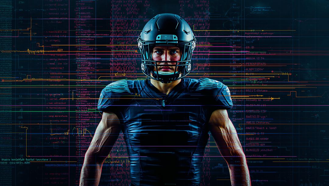 Cyber Enhanced Football Player in Futuristic Digital Arena