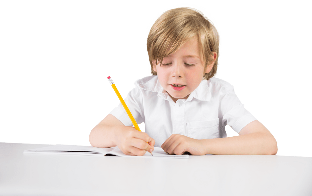 Focused Schoolboy Writing in Notebook on Transparent Background