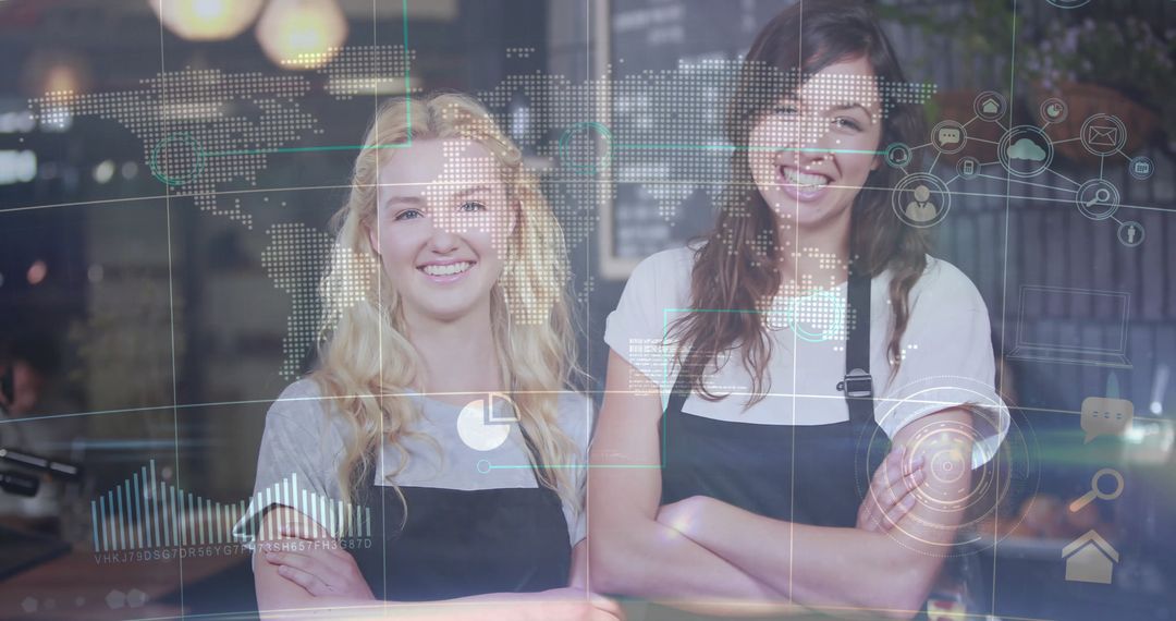 Smiling Cafe Baristas with Digital Global Connectivity Overlay