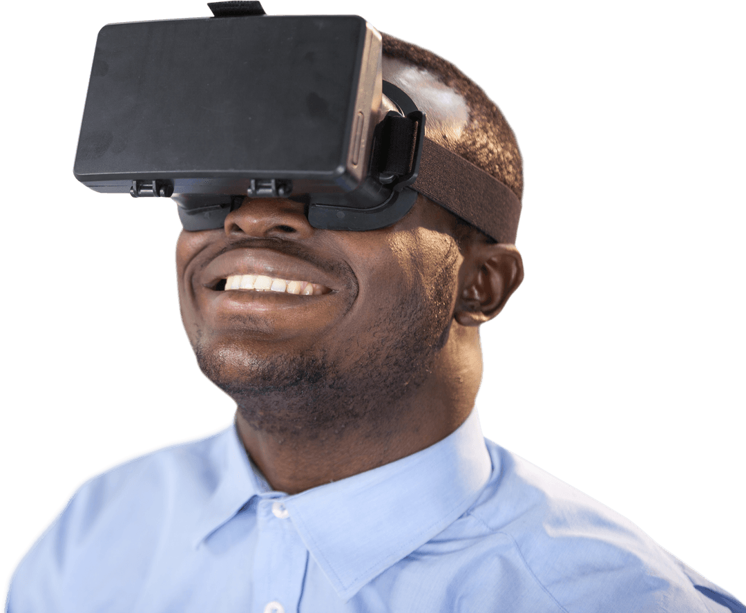 Smiling Man Experiencing Virtual Reality with Transparent Background
