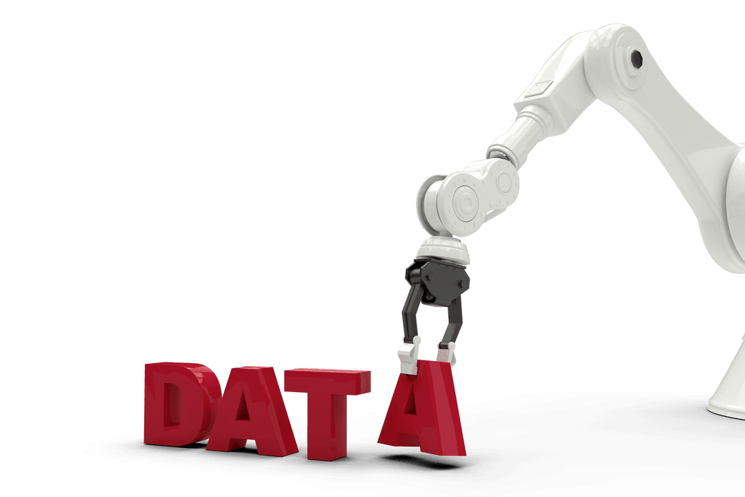 Robotic Arm Constructing Data Text on Transparent Background