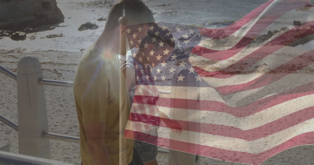 Couple Strolling Oceanfront Walkway with American Flag Overlay