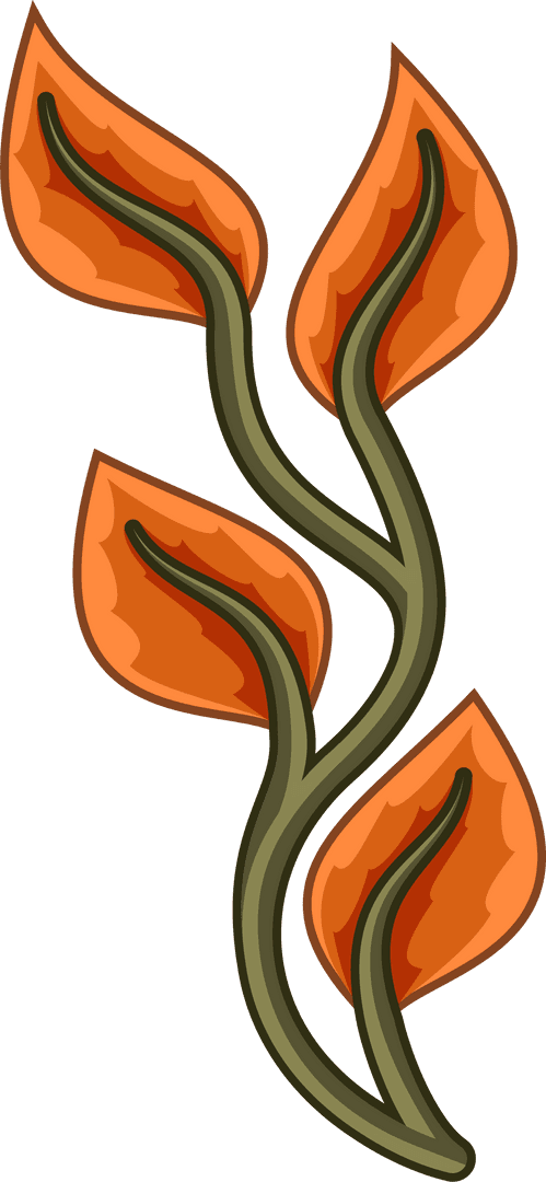 Stylized Botanical Vine with Orange Leaves on Transparent Background
