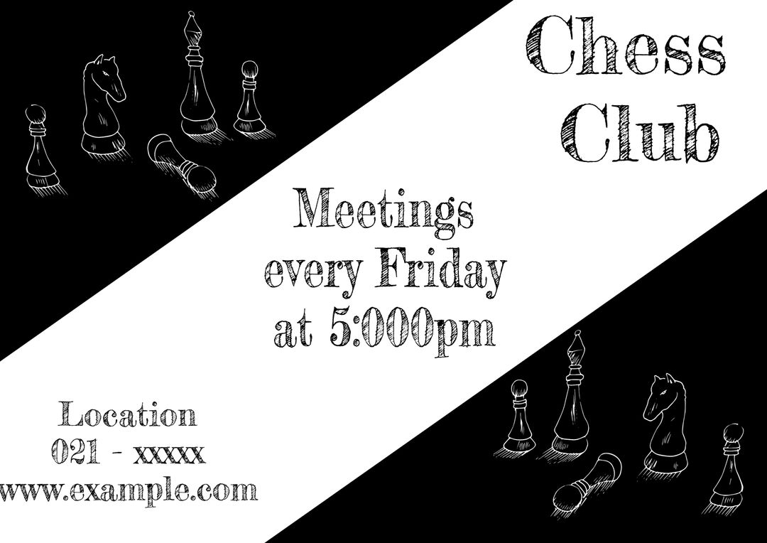 Chess club meeting text and chess piece drawings on black and white background - Download Free Stock Templates Pikwizard.com