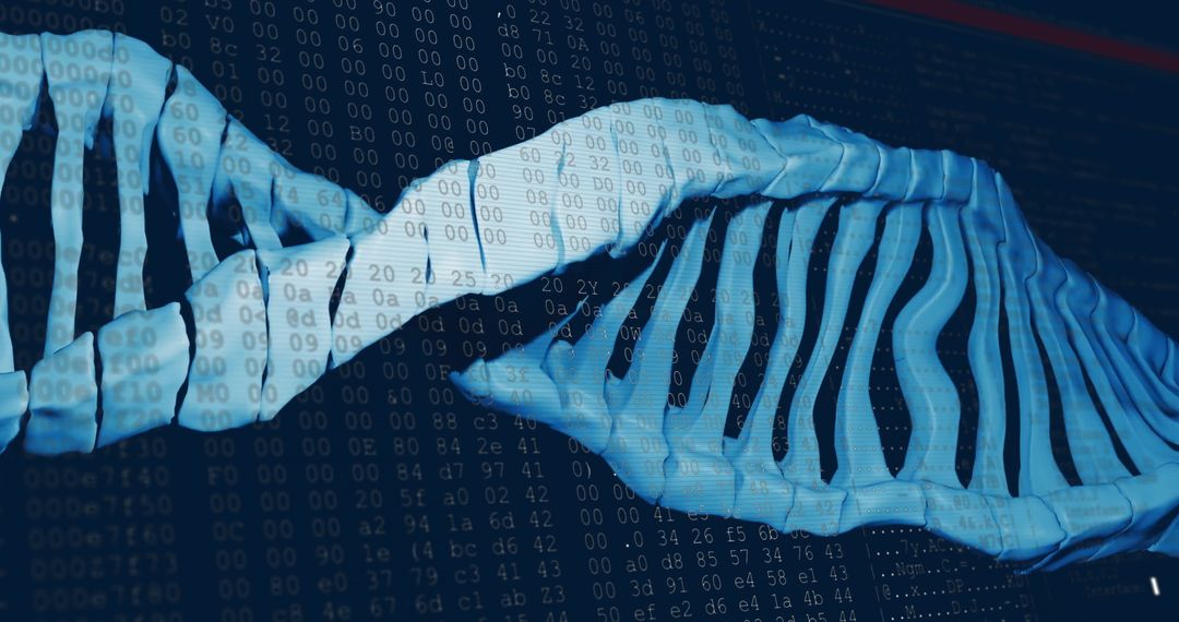 DNA Strand Overlaid with Data Sequence on Dark Background