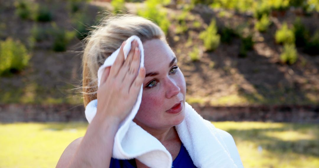 Woman Wiping Sweat Off Face After Intense Outdoor Exercise - Free Images, Stock Photos and Pictures on Pikwizard.com