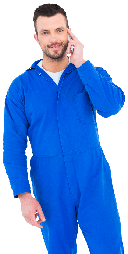 Transparent Portrait Smiling Male Mechanic Using Mobile Phone Effectively