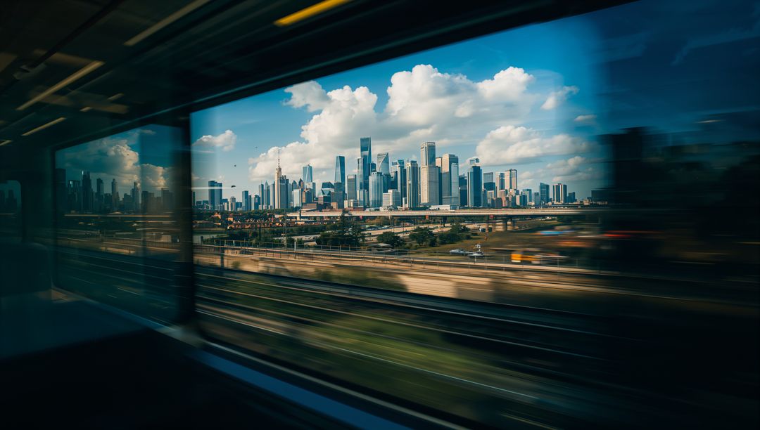 Framing glass-and-steel skyline through speeding train window with motion-blur perspective