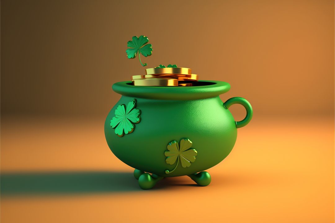 Green Pot with Shamrocks and Golden Coins - Free Images, Stock Photos and Pictures on Pikwizard.com