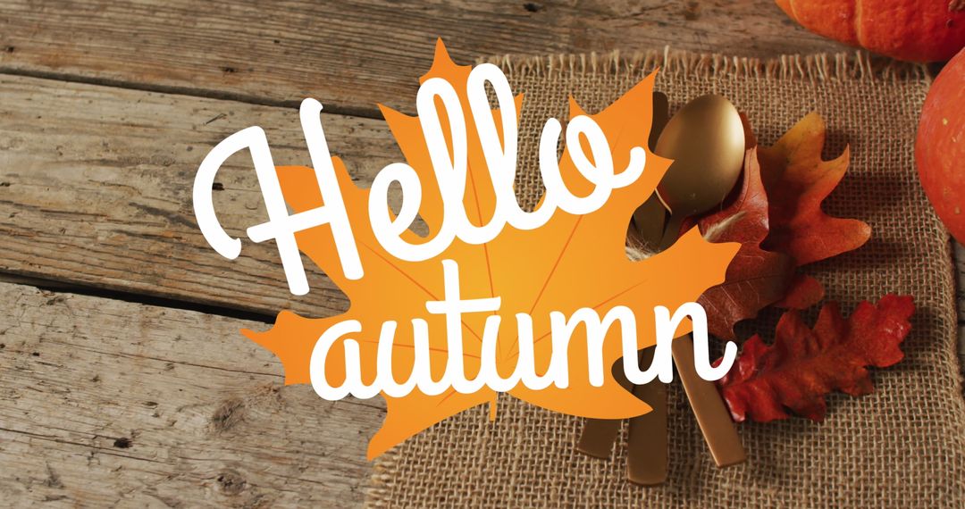 Hello Autumn Text with Cutlery and Autumn Leaves