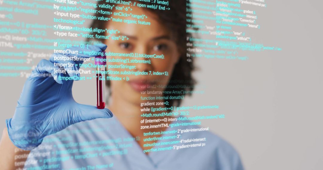 Scientist Holding Test Tube Analyzing Digital Code Overlay