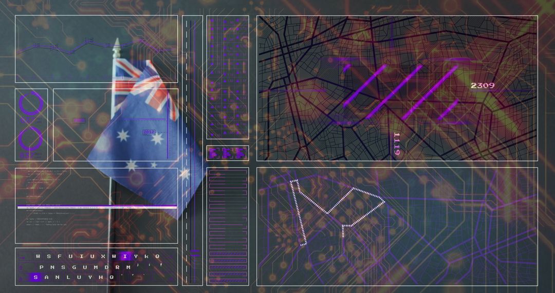 Holographic Australian Flag With Futuristic Digital Interfaces