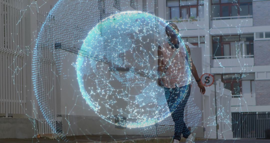 Urban Woman Strolling with Holographic Global Connectivity