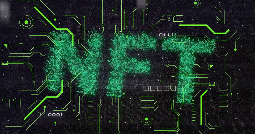 Futuristic NFT Text With Binary Code on Circuit Board Background