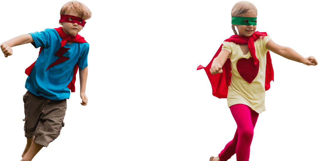 Playful Siblings in Transparent Superhero Costumes