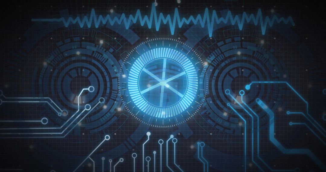 Futuristic Circuit Board Design with Glowing Interfaces and Electromagnetic Waves