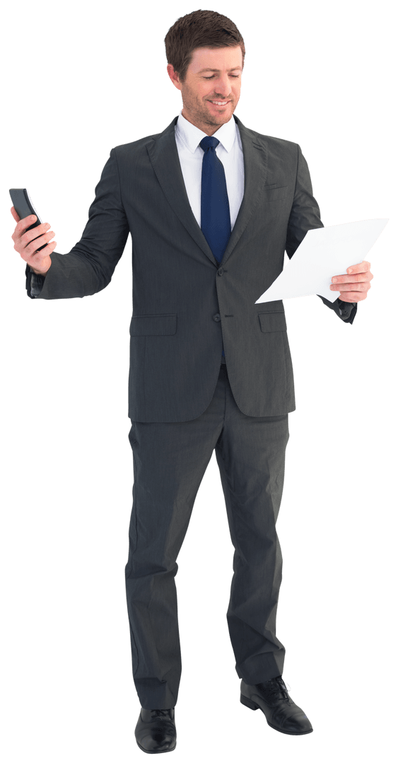Transparent Businessman Multitasking with Phone and Documents