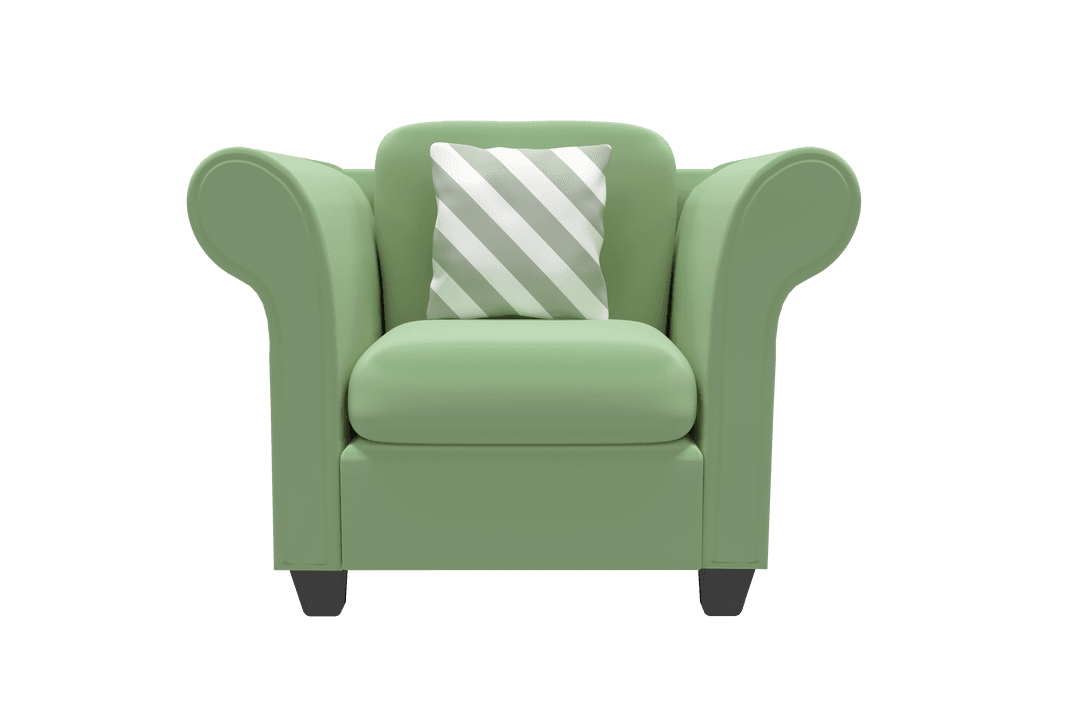 Elegant Green Armchair with Striped Cushion on Transparent Background