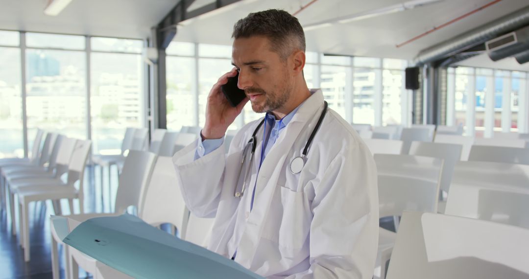 Doctor Holding Phone and Medical Files in Conference Room - Free Images, Stock Photos and Pictures on Pikwizard.com