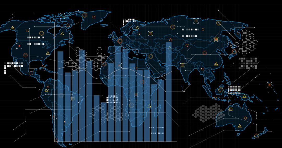 Global Data Visualization with Graphs and Icons on Black Background