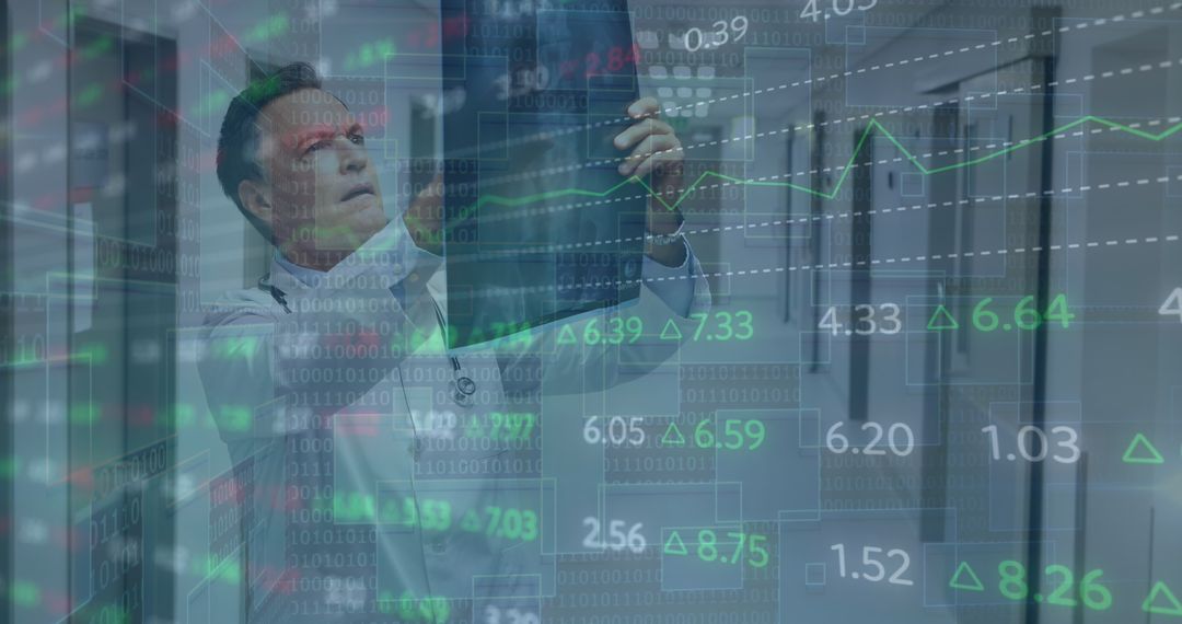 Doctor Examining X-ray with Overlaid Financial Data Graphics