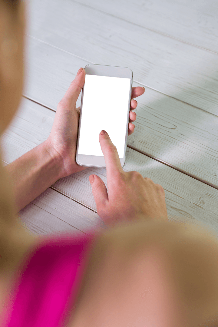 Caucasian Woman Using Smartphone with Transparent Copy Space