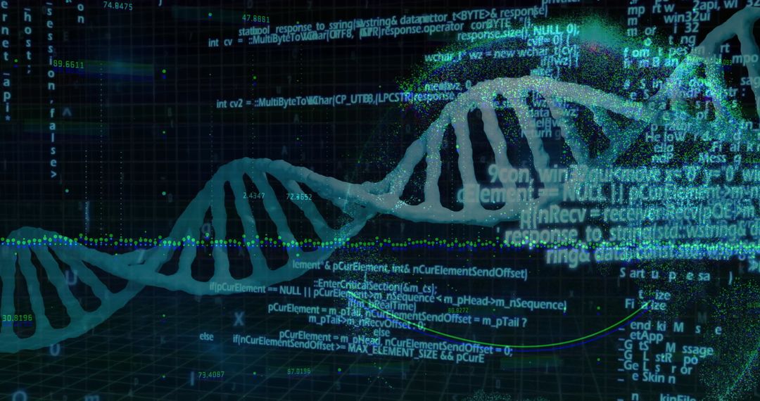 Futuristic DNA Helix with Scientific Data and Digital Code Overlay