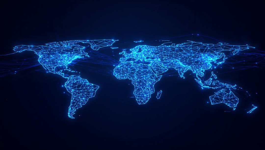 Futuristic Neon Blue Digital World Map with Global Connectivity