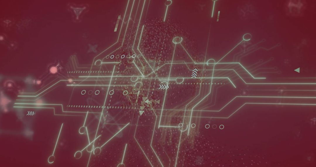 Futuristic Digital Circuit with Molecules on Red Background
