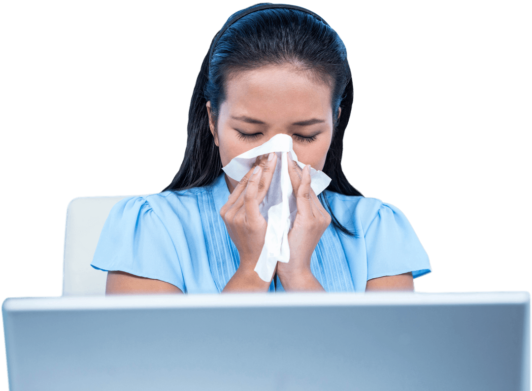 Transparent Businesswoman Blowing Nose at Workspace Desk