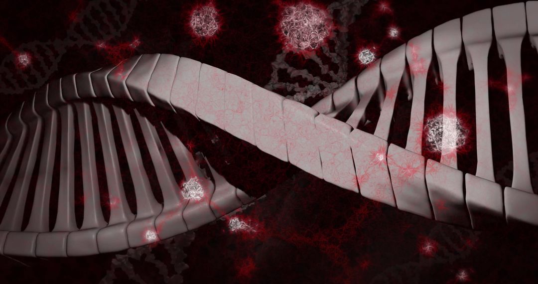 Twisting DNA Helix with Glowing Red Particles in Molecular Visualization