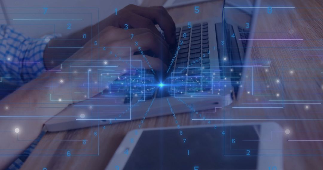 Digital Data Flow Concept with Hands Typing on Laptop at Workspace