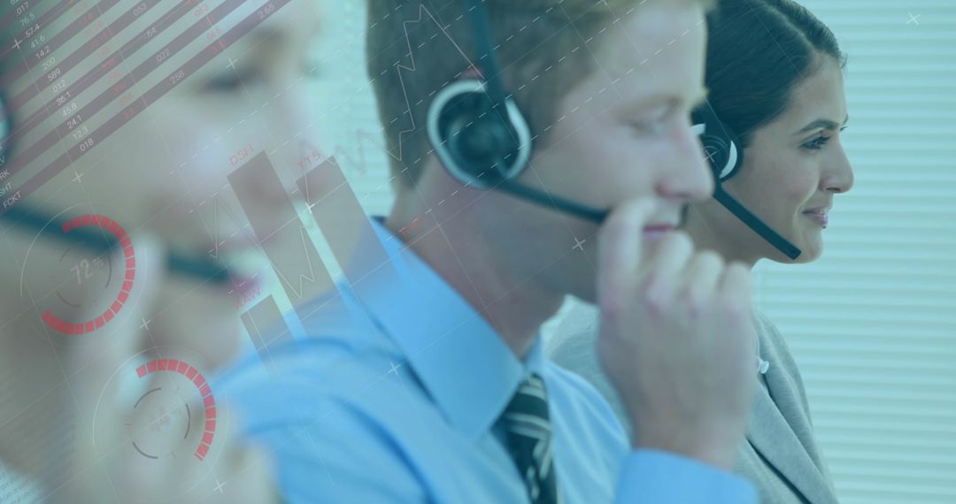 Customer Service Team with Data Graphics Overlay