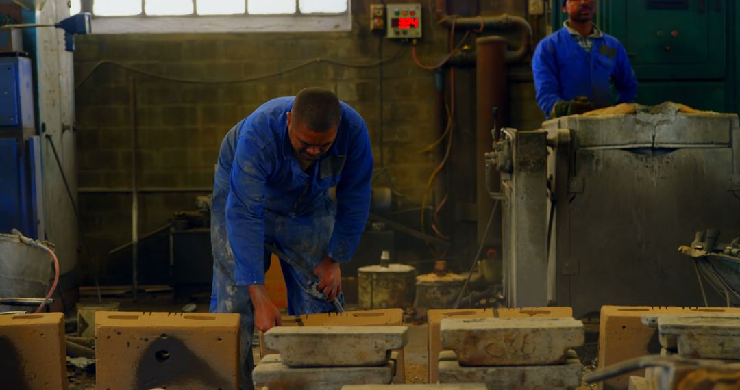 Factory Workers Securing Metal Products Wearing Blue Protective Gear - Free Images, Stock Photos and Pictures on Pikwizard.com