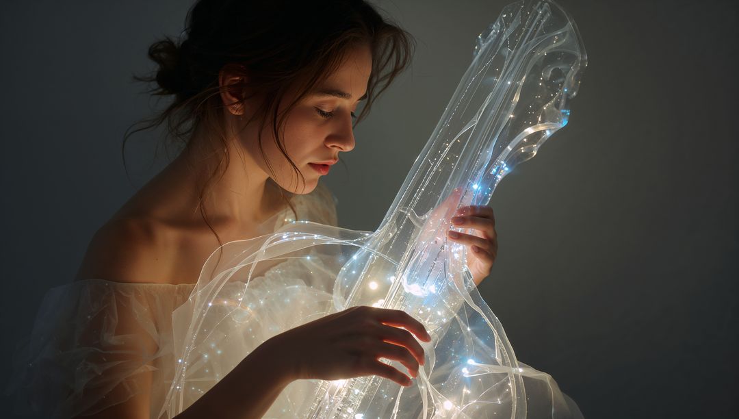 Cradling woman with glowing transparent LED cello, ethereal low-key portrait of serenity