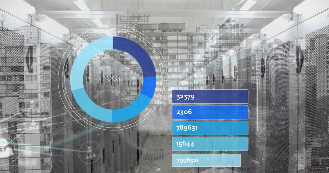 Data Processing Overlaid on Urban Cityscape and Servers