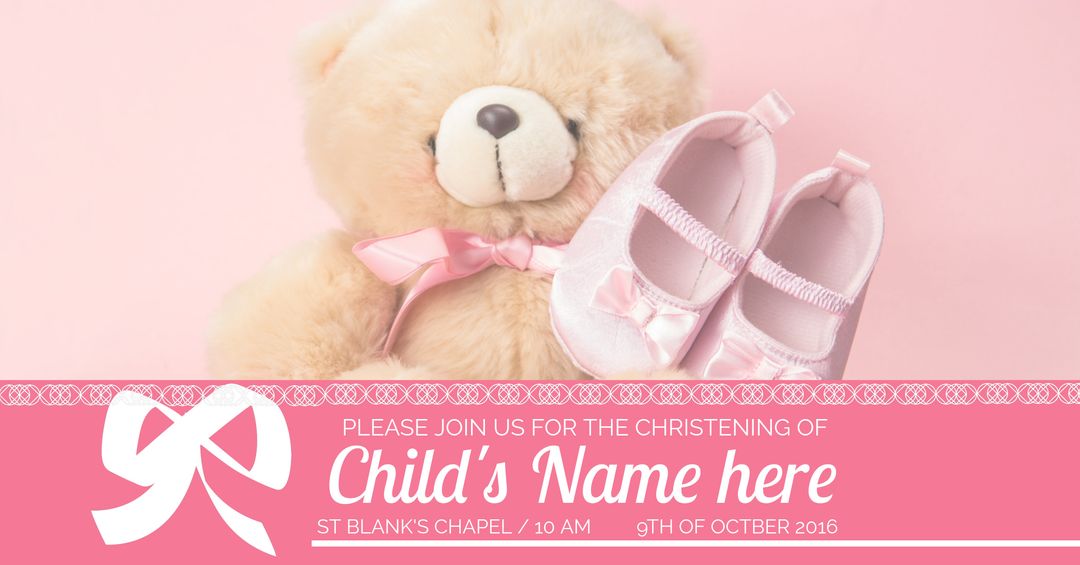 Teddy Bear and Baby Shoes Christening Invitation Template - Download Free Stock Templates Pikwizard.com