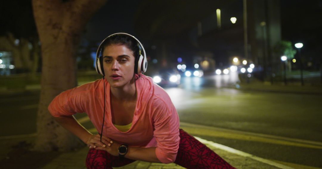 Young Woman Stretching on City Street at Night - Free Images, Stock Photos and Pictures on Pikwizard.com