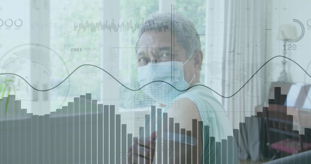 Elderly Woman Receiving Vaccine with Data Overlay in Clinic Environment