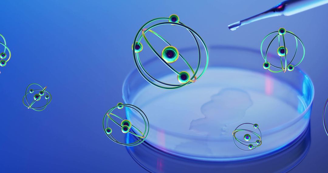 Atom Illustrations Above Petri Dish in Laboratory Setting