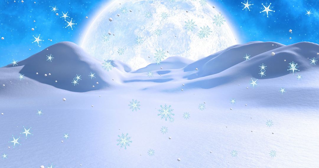 Digital Snowfall Fantasy over Dreamy Winter Landscape with Majestic Moon