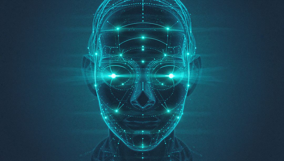 Futuristic Wireframe Face with Cyber Nodes and Lines