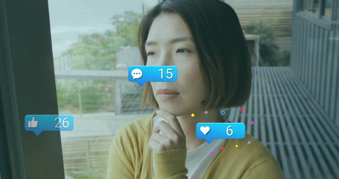 Woman Reflecting on Social Media Notifications on Balcony