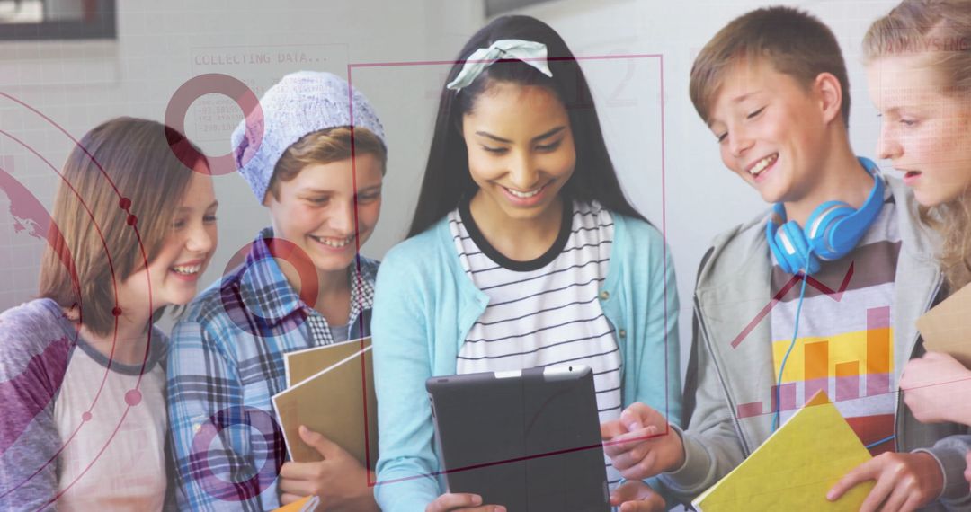 Diverse Students Collaborating Using Digital Tablet