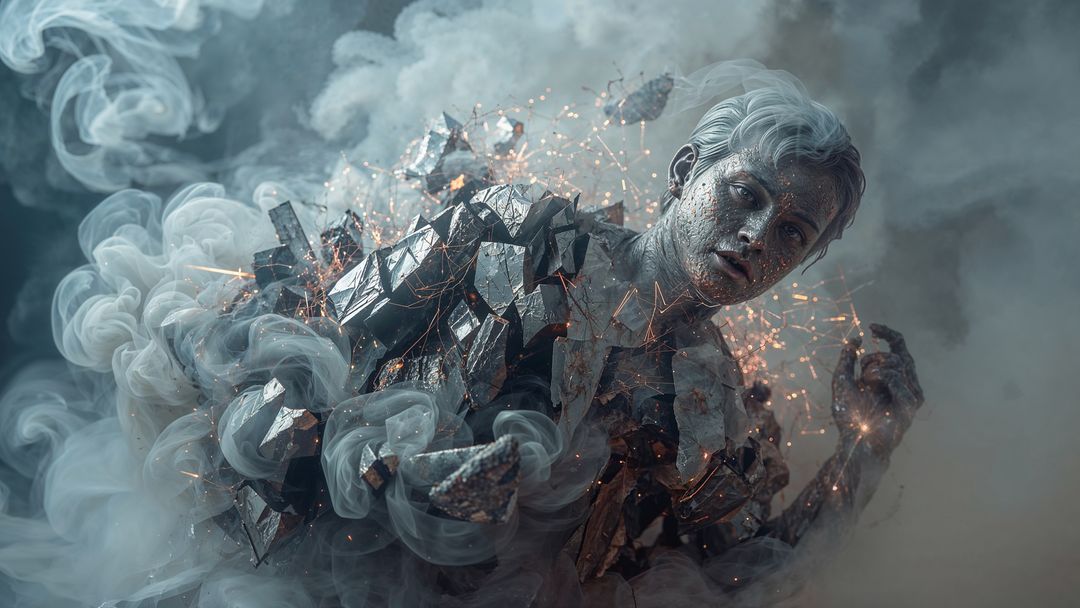 Ethereal Humanoid Blending Metal and Stone with Glowing Sparks