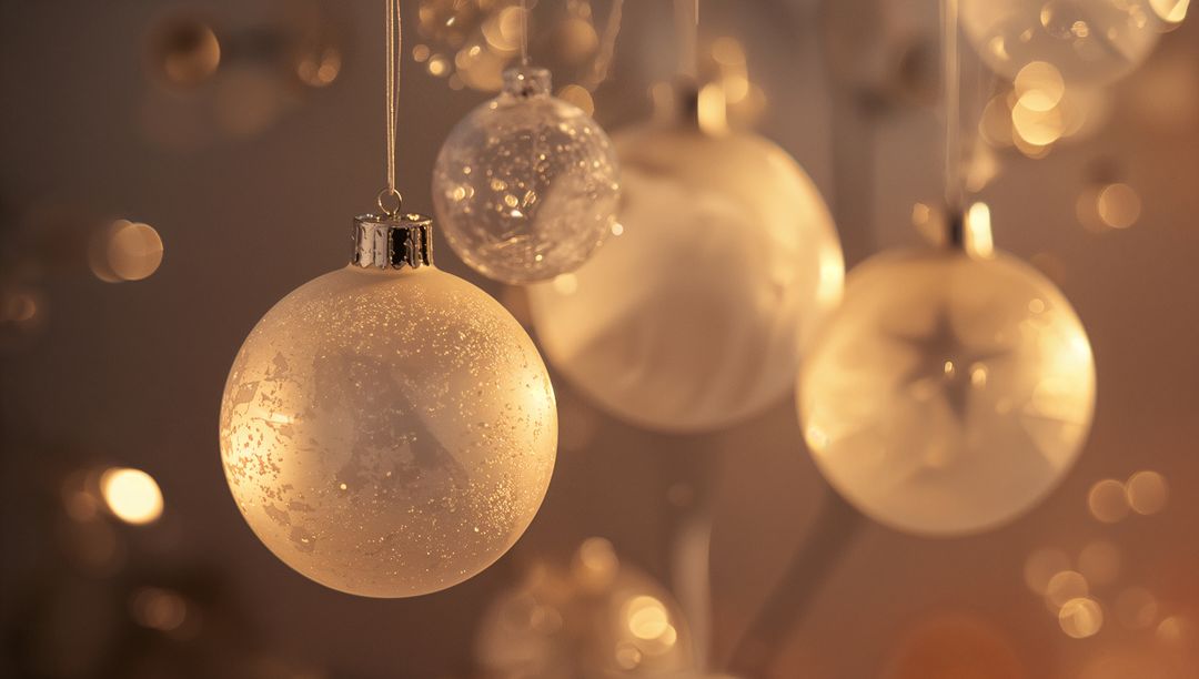 Golden frosted holiday baubles hanging with warm bokeh lights and glitter texture