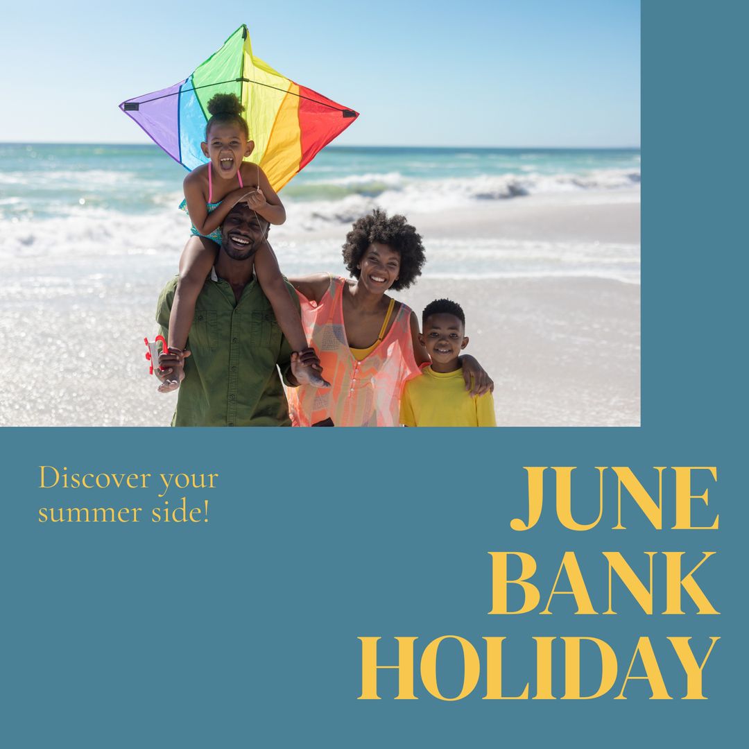 Joyful Family Enjoying Beach Kite Flying on June Bank Holiday